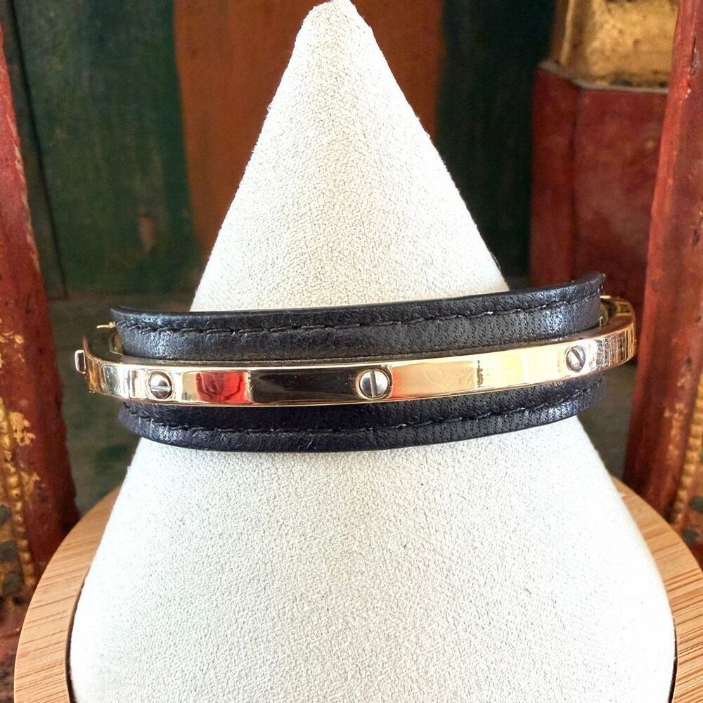 Black Leather & Gold Tone Screw Detail Bangle Bracelet
